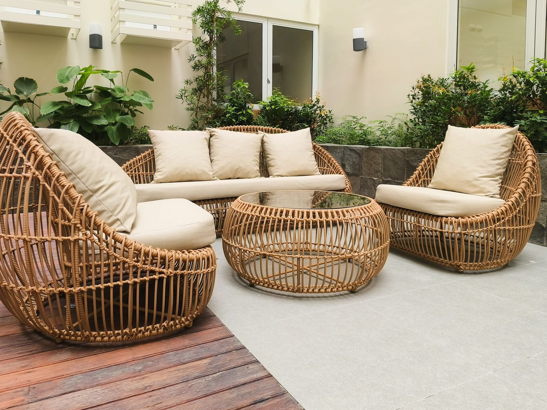 Flat-pack carton of outdoor rattan furniture ready for container loading